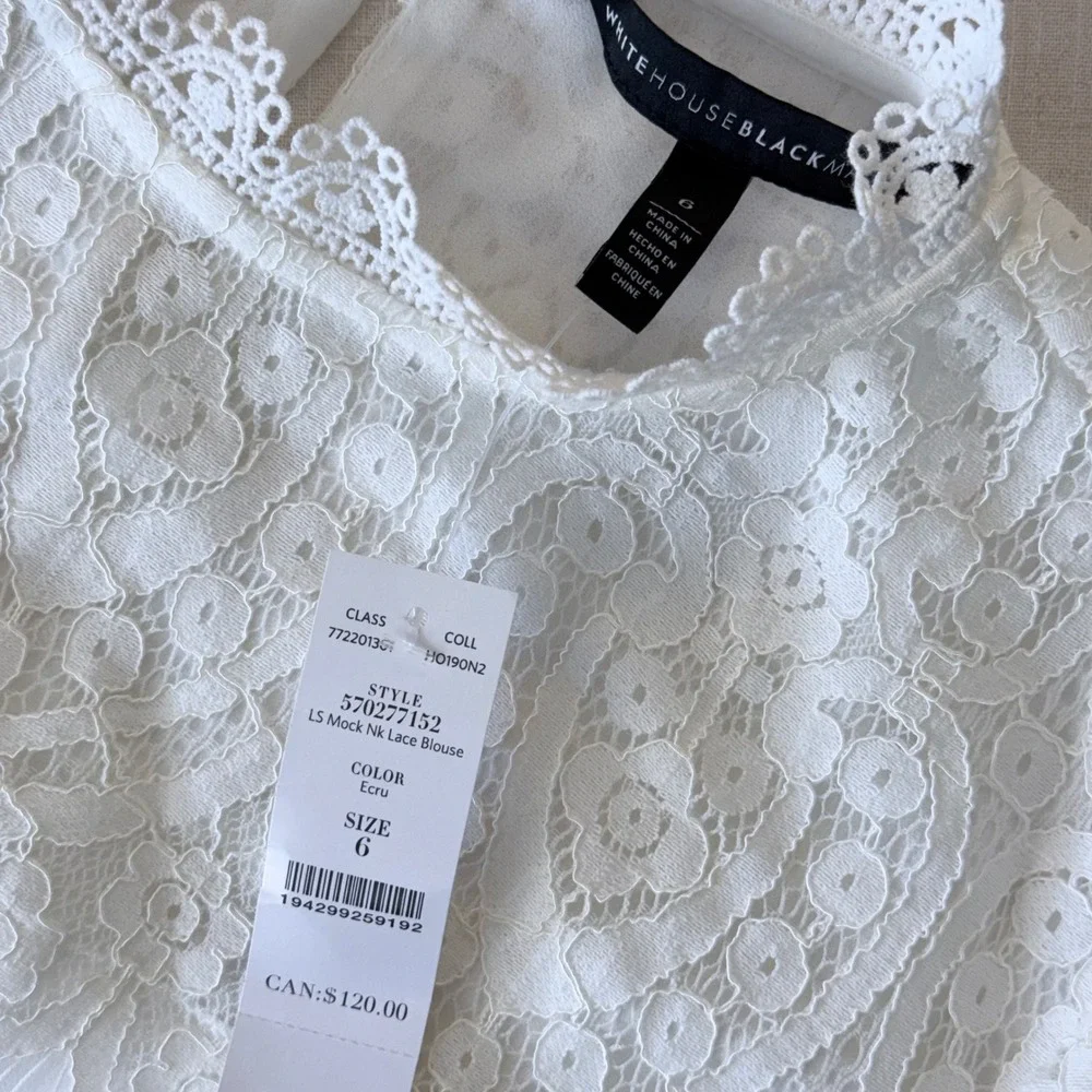 White House Black Market Ecru Mock Neck Lace Blouse  Size 6 - Picture 4 of 9